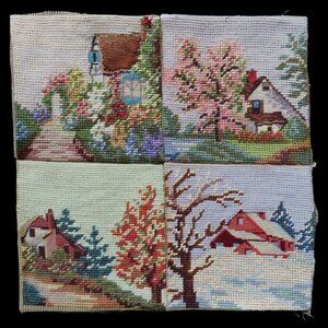 Vintage Handmade Four Seasons Needlepoint Finished Country Cottage Home Mounted